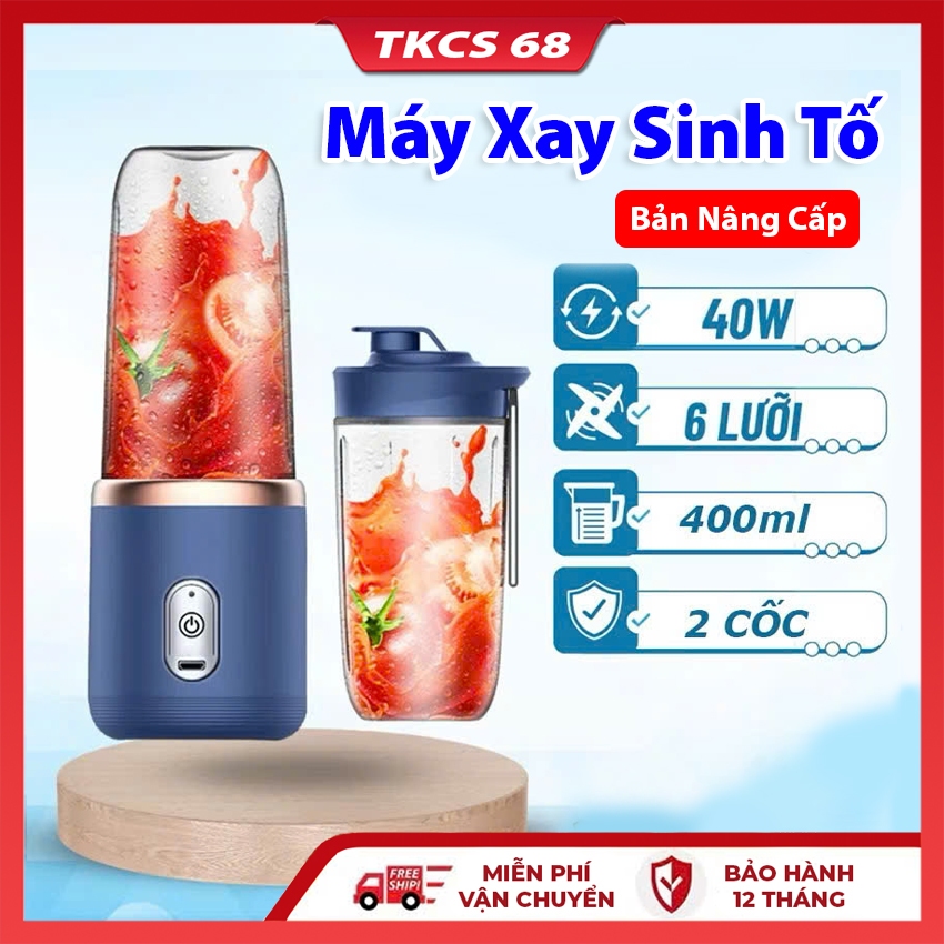 Máy Xay Sinh Tố Đa Năng Cầm Tay Mini  Không Dây, Công Suất 40W, Có 6 Lưỡi Dao Không Gỉ Sét Kèm Cáp Sạc USB Tiện Dụng