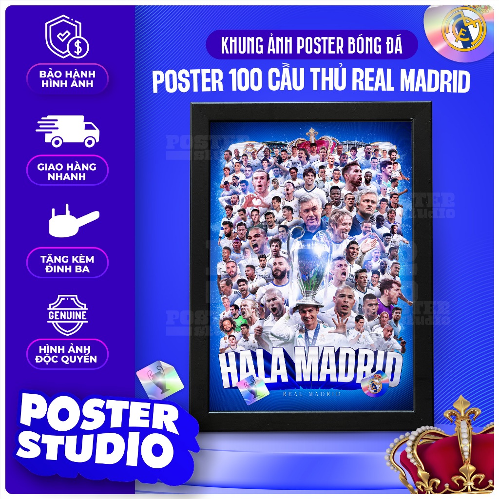 Khung ảnh poster 100 Cầu Thủ REAL MADRID HALA MADRID REAL gồm kích thước để bàn A5, treo tường A4