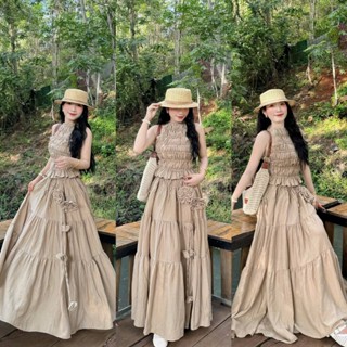 Set váy nữ,áo yếm nhún tầng phối chân váy voan tơ tầng dài xoè 2 lớp đính hoa, nhẹ nhàng nữ tính thích hợp đi chơi