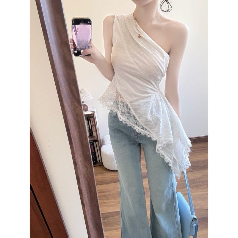 Áo lệch vai trễ vai không tay lệch chéo phối ren màu trắng hothit ulzzang y2k style nữ sinh ngọt ngà