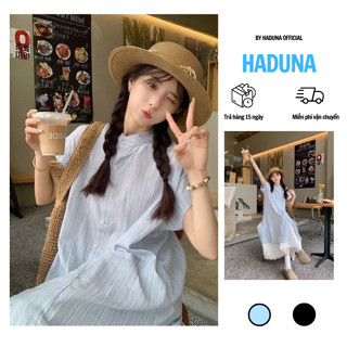 Váy Sơ Mi Ngắn Tay Sọc Xanh Nữ Kèm Chân Váy Trắng Mùa Hè 2025 Phong Cách Mới Hàn Quốc