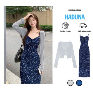 Set Áo Cardigan Mỏng Phối Kèm Váy Hai Dây Thời Trang Đi Biển Họa Tiết Chấm Bi Kèm Áo HADUNA