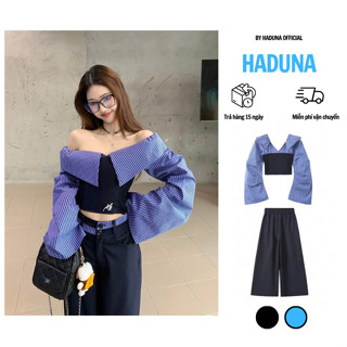 Set Áo Sơ Mi Nữ Form Croptop Trễ Vai Hở Lưng Tay Rộng Kèm Quần Xuông Thời Trang Phối Đồ Phong Cách Retro Mới