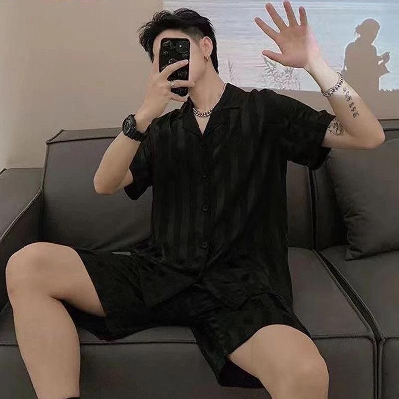 Bộ Lụa mặc nhà Đùi Pijama.Sọc đen Nam Nữ chất lụa cao cấp