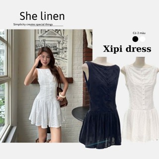 XIPI DRESS- Đầm Sát Nách Cổ thuyền Xô Hoa Tùng Xoè She Linen