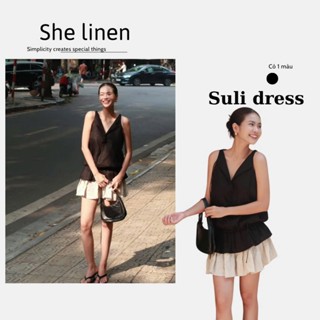 SULI DRESS- Đầm Yếm Cổ V Phối Tùng Xoè She Linen