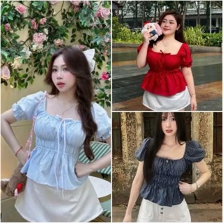  ÁO babydoll cổ vuông thắt nơ tay phồng Bigsize 40-85kg  579  chất liệu lụa hàn và đũi sọc kiểu dáng chiết eo trẻ trung 