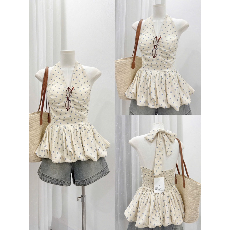 Áo cổ yếm hoạ tiết chấm bi có đệm mút dáng bí hở lưng chun sau siêu xinh dành cho nữ | BigBuy360 - bigbuy360.vn