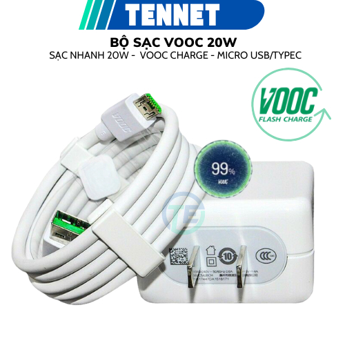Bộ Sạc Siêu Nhanh VOOC OP 20W, Củ Sạc Nhanh VOOC An Toàn Không Nóng Máy, Cáp Sạc Type C  6A Dài 1 Mét Cho F7 F9 F11 Pro