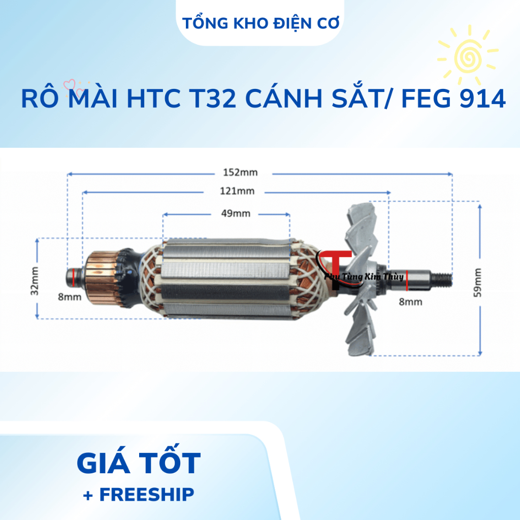 Rotor, ruột máy, rô máy mài Hitachi thân 32 cánh sắt/ FEG 914