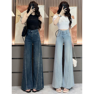  【 Sẵn- Ảnh Thật  Quần Jeans ống suông loe đính đá viền kiểu mới  Quần bò nữ hàng QCCC 