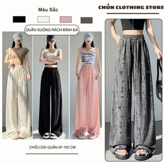  Quần Ống Rộng Nữ Chất Đũi Rách Đính Đá Cạp Chun Dây Rút Lưng Cao Quần Ống Suông Đính Kim Sa Cá Tính Co Giãn 
