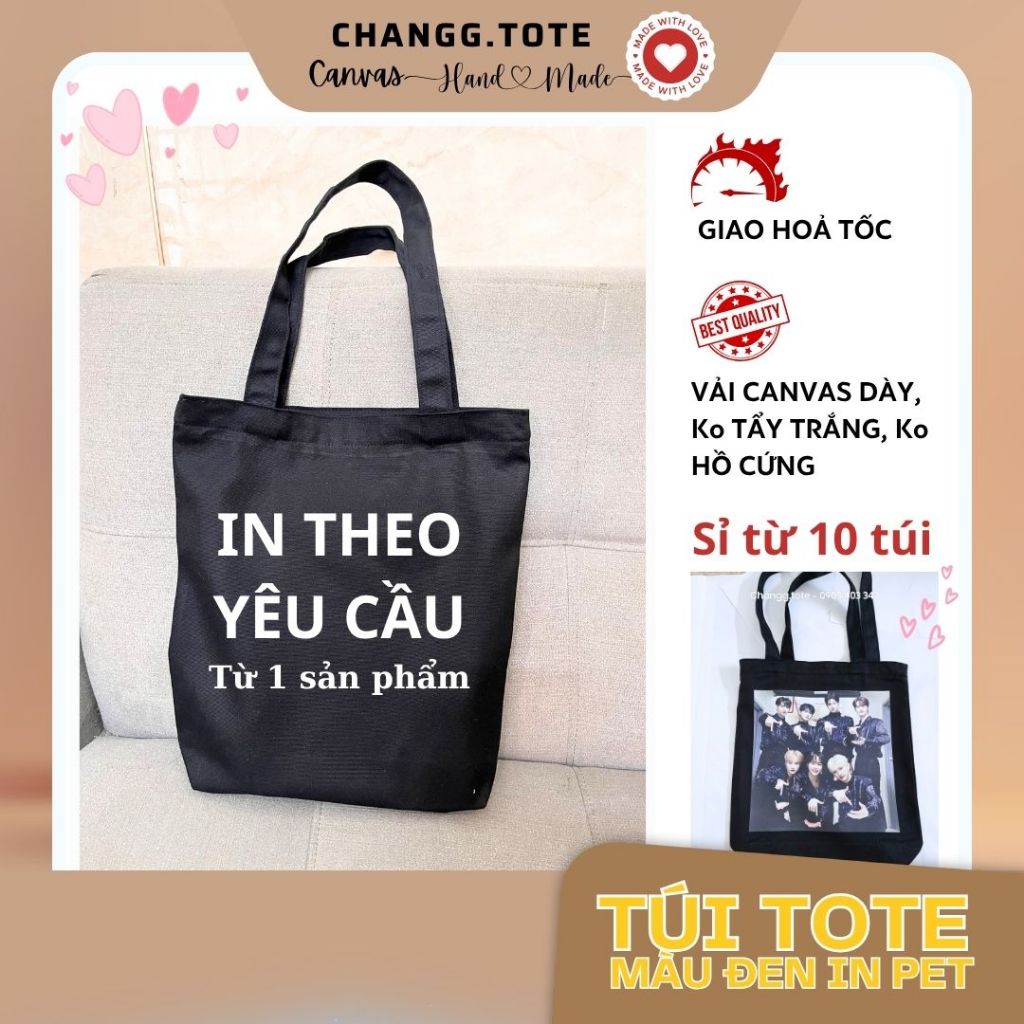 [IN THEO YÊU CẦU] Túi tote đen canvas handmade CHANGGTOTE, có khoá kéo và có túi con in theo yêu cầu