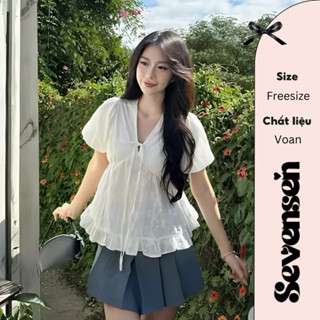 Áo Thun Babydoll Tay Phồng Cột Nơ Thêu Bo Eo Xinh Xắn Nữ Tính & Dễ Thương Sevensen - Ao442