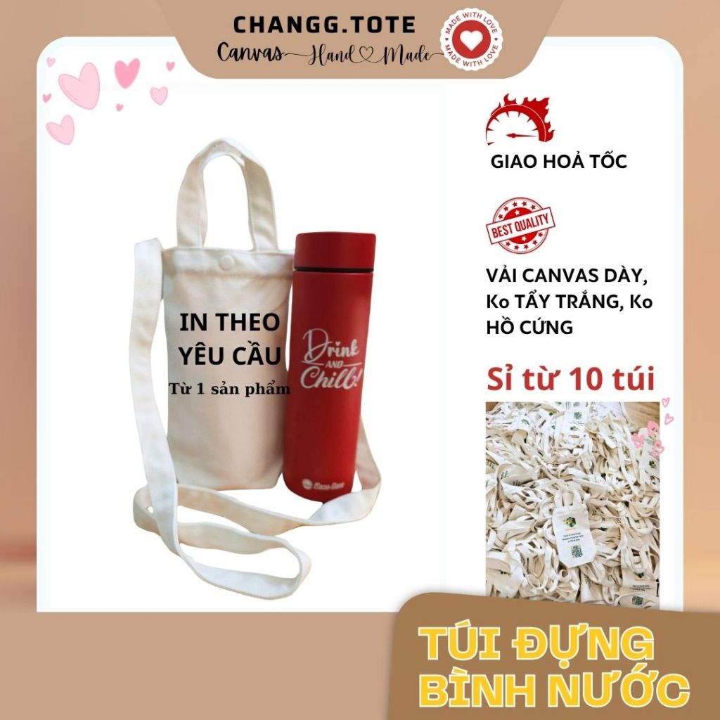 [IN THEO YÊU CẦU] Túi canvas đựng bình nước có nút bấm nhựa in theo yêu cầu