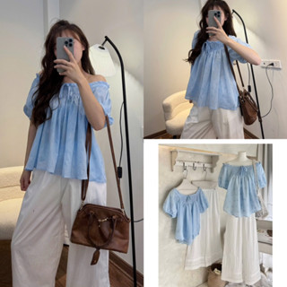 SET ÁO REN BOI HOA XANH TRỄ VAI TAY BỒNG BUỘC NƠ NGỰC MIX QUẦN TRẮNG GIÓ SU ỐNG RỘNG REN GẤU siêu xinh-Dành Cho Nữ