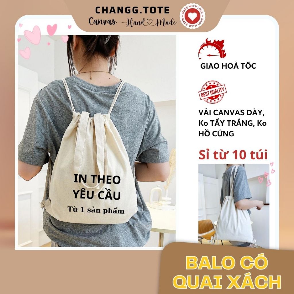 [IN THEO YÊU CẦU] Túi balo canvas handmade có quai xách CHANGGTOTE size 36x40cm, có túi con in theo 