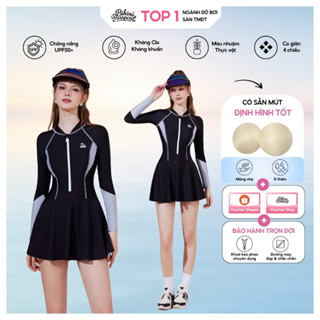 Đồ bơi nữ một mảnh tay dài kiểu váy kín đáo, chống nắng và có bigsize đến 75kg - BIKINI PASSPORT - Đen Xám - BS1017_BL
