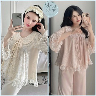 Đồ Ngủ Nữ, Đồ Bộ Tiểu Thư JULY Áo Ren Tay Bèo Xinh Xắn Chất Lụa Latin Mềm Mịn  Freesize