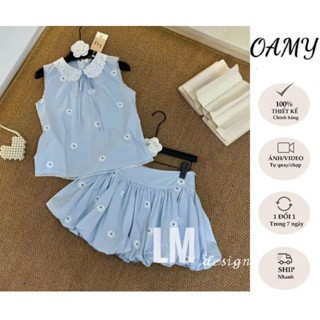 Set Bộ OAMY Set Sơ Mi Hoa Thêu Sát Nách Chân Váy Bí Ngô Trẻ Trung