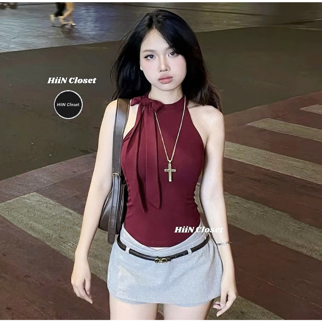 Áo 2 dây cổ yếm phối dây buộc nơ cực xinh - Chất liệu zip co giãn mềm mịn ôm body HiiNCloset -131 | BigBuy360 - bigbuy360.vn