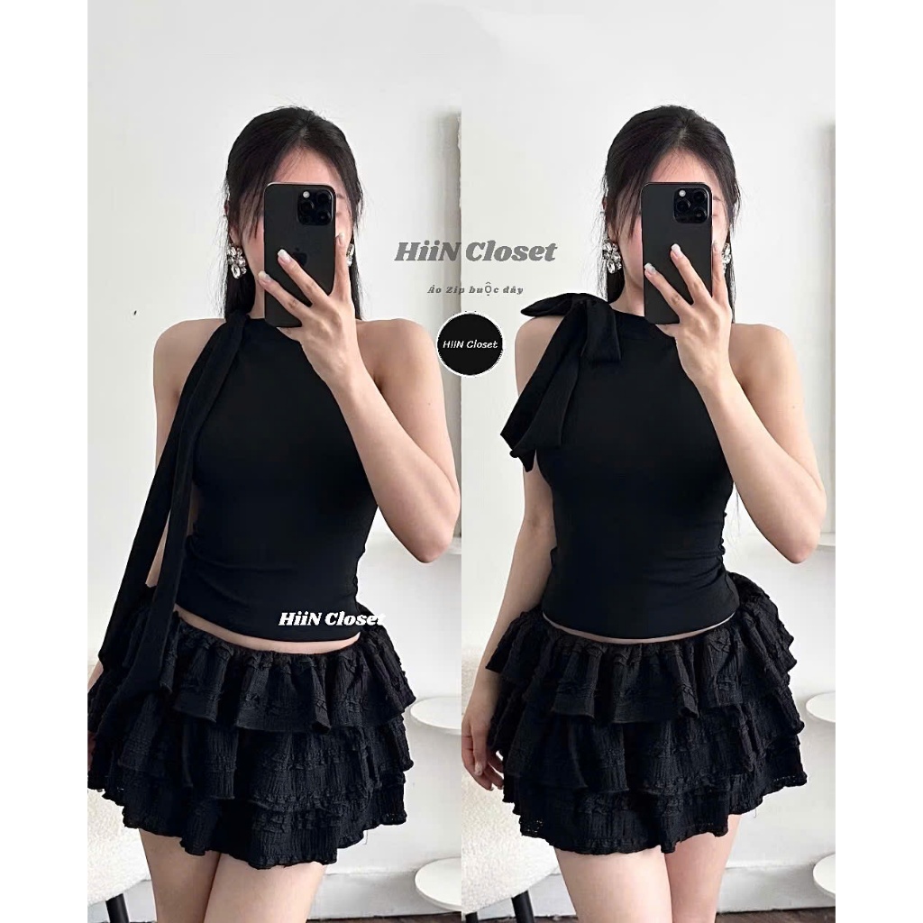 Áo 2 dây cổ yếm phối dây buộc nơ cực xinh - Chất liệu zip co giãn mềm mịn ôm body HiiNCloset -131 | BigBuy360 - bigbuy360.vn