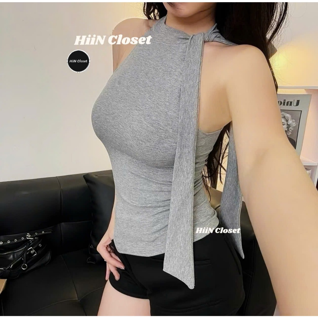 Áo 2 dây cổ yếm phối dây buộc nơ cực xinh - Chất liệu zip co giãn mềm mịn ôm body HiiNCloset -131 | BigBuy360 - bigbuy360.vn