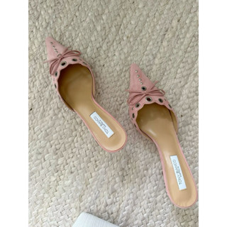 Sẵn hồng size 38- Giày mũi nhọn da lộn đục lỗ đính nơ - Giày sục cao gót nữ đế 8cm