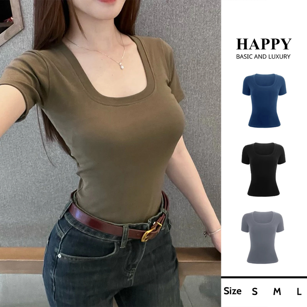 [DEAL MỞ BÁN] Áo Thun Trơn Nữ Cotton Mềm Mịn SIZE S M L Co Dãn 4 Chiều Dáng Ôm Babytee HAPPY [CỔ U VUÔNG] | BigBuy360 - bigbuy360.vn