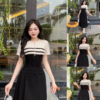 BK73 - Váy Thiết Kế Evii dành cho nữ, Đầm thiết kế cổ tròn phối ren be, viên nhung trước ngực và khoá kéo