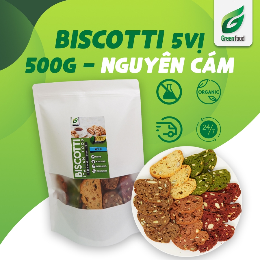 Bánh biscotti 5 vị 500g GreenFood - bánh nguyên cám ngũ cốc hạt tổng hợp healthy thơm ngon, dễ dùng