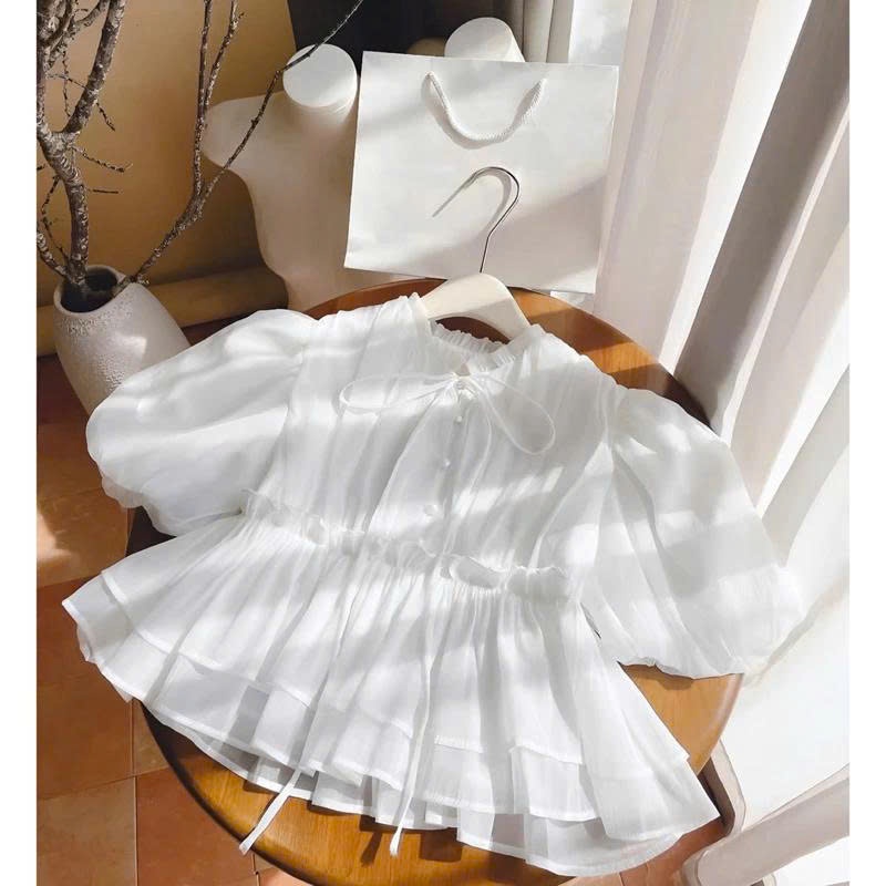 Áo Sơ Mi Babydoll Croptop Tay Phồng Cúc Ngọc Đính Nơ Chất Tơ Xốp | BigBuy360 - bigbuy360.vn