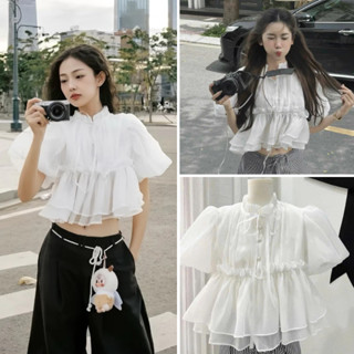 Áo Babydoll Croptop Tay Bồng Cúc Ngọc Đính Nơ Siêu Xinh MS77