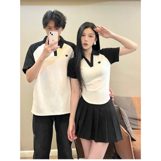 Áo váy cặp đôi - đồ đôi thun nam, nữ áo + chân váy đen phối trắng polo kèm tim năng động - FOREVER COUPLE