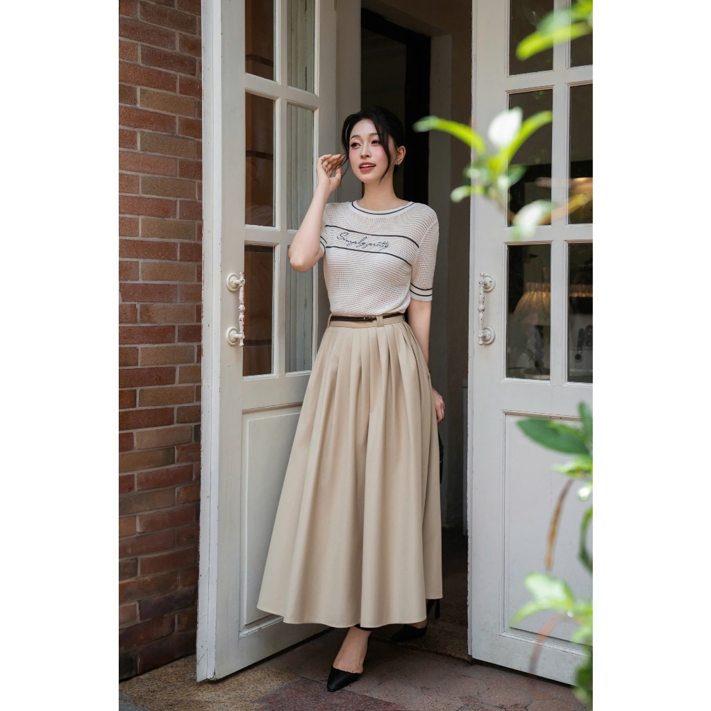 (Blue to Bloom) Chân váy dài dáng xòe kèm belt, form basic che khuyết điểm tốt tôn dáng thời trang nữ Calie CX065 | BigBuy360 - bigbuy360.vn