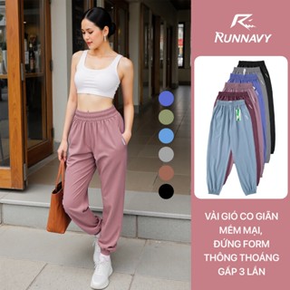 Quần jogger thể thao nữ tập gym yoga erobic chạy bộ, vải gió ống rộng mềm thoáng mát Run Navy WJG28