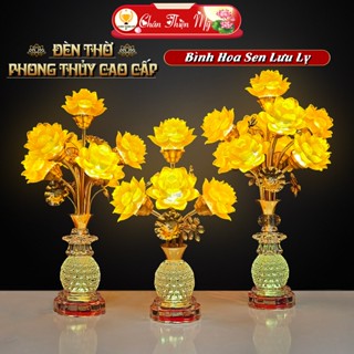 Đèn Bình Pha Lê Hoa Sen Lưu Ly 5 Bông, 7 Bông, 9 Bông CHÂN THIỆN MỸ, Có Sẵn LED, Trang Trí Bàn Thờ