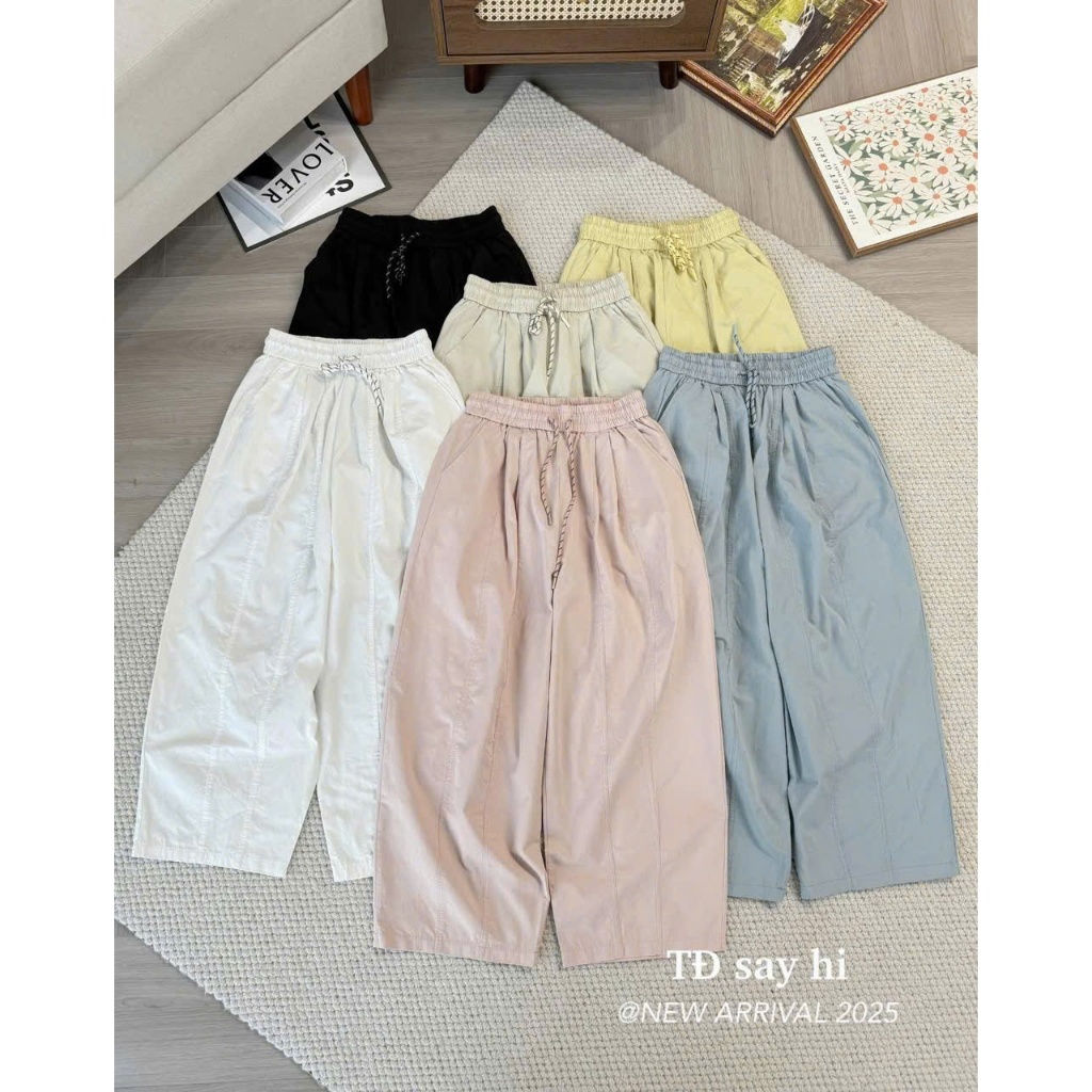 quần baggy nữ dáng bom vải kaki gió lụa cách điệu may gân chìm cạp chun lưng cao có dây rút389