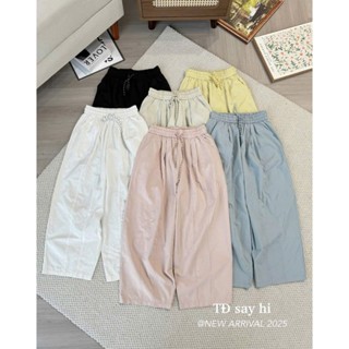 quần baggy nữ dáng bom vải kaki gió lụa cách điệu may gân chìm cạp chun lưng cao có dây rút389