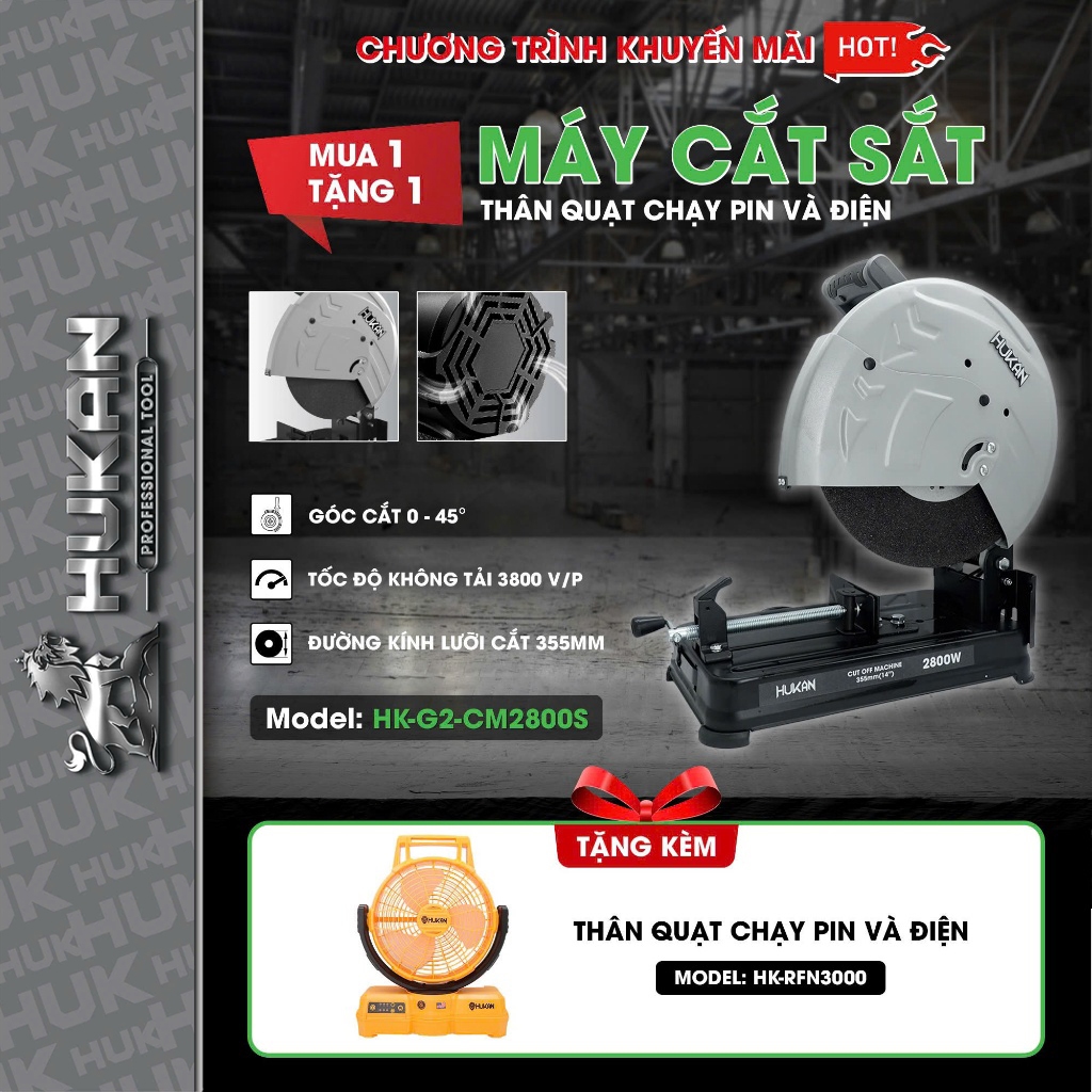   TẶNG RFN3000  Máy cắt sắt HUKAN HK-G2-CM2800S 2800W Đĩa 355mm Tặng kèm 1 đĩa cắt 