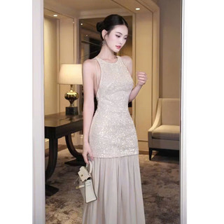  Đầm dạ hội cổ yếm đính kim sa phối voan lưng hở nhẹ | Tôn dáng - Zerina Dress 
