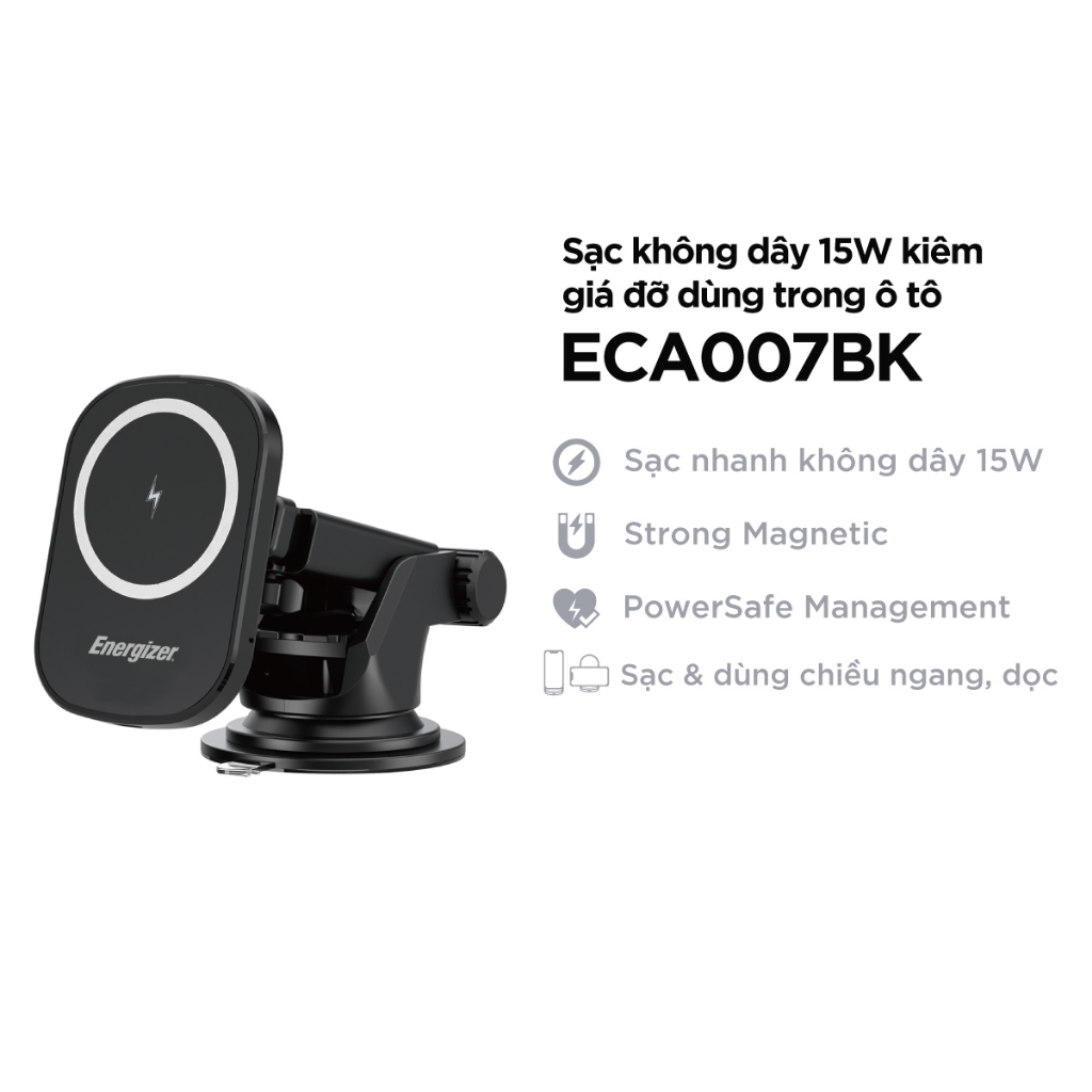 Sạc không dây Energizer 15W kiêm giá đỡ dùng trong ô tô ECA007, sạc thông minh - Hàng chính hãng