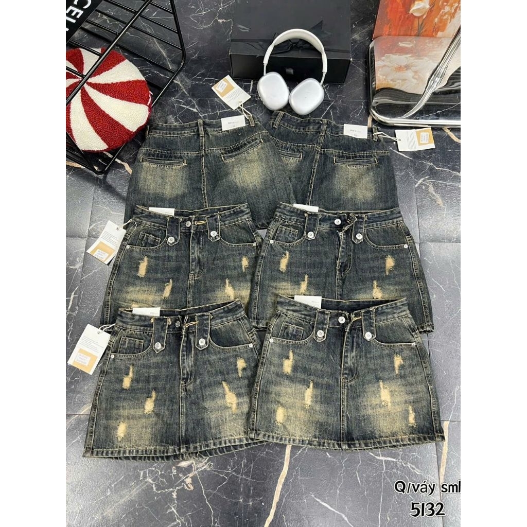 quần váy jean, sướt nhẹ, màu xanh đen ánh rêu