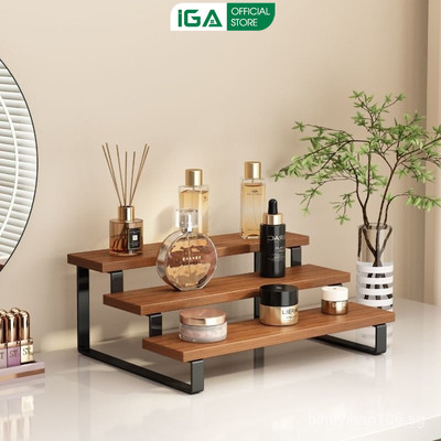 Kệ trưng bày 3 tầng để mỹ phẩm, nước hoa, để mô hình mini chất liệu khung sắt mặt gỗ chắc chắn thương hiệu IGA - GM214