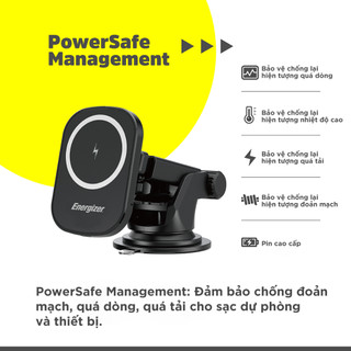 Sạc không dây Energizer 15W kiêm giá đỡ dùng trong ô tô ECA007, sạc thông minh - Hàng chính hãng