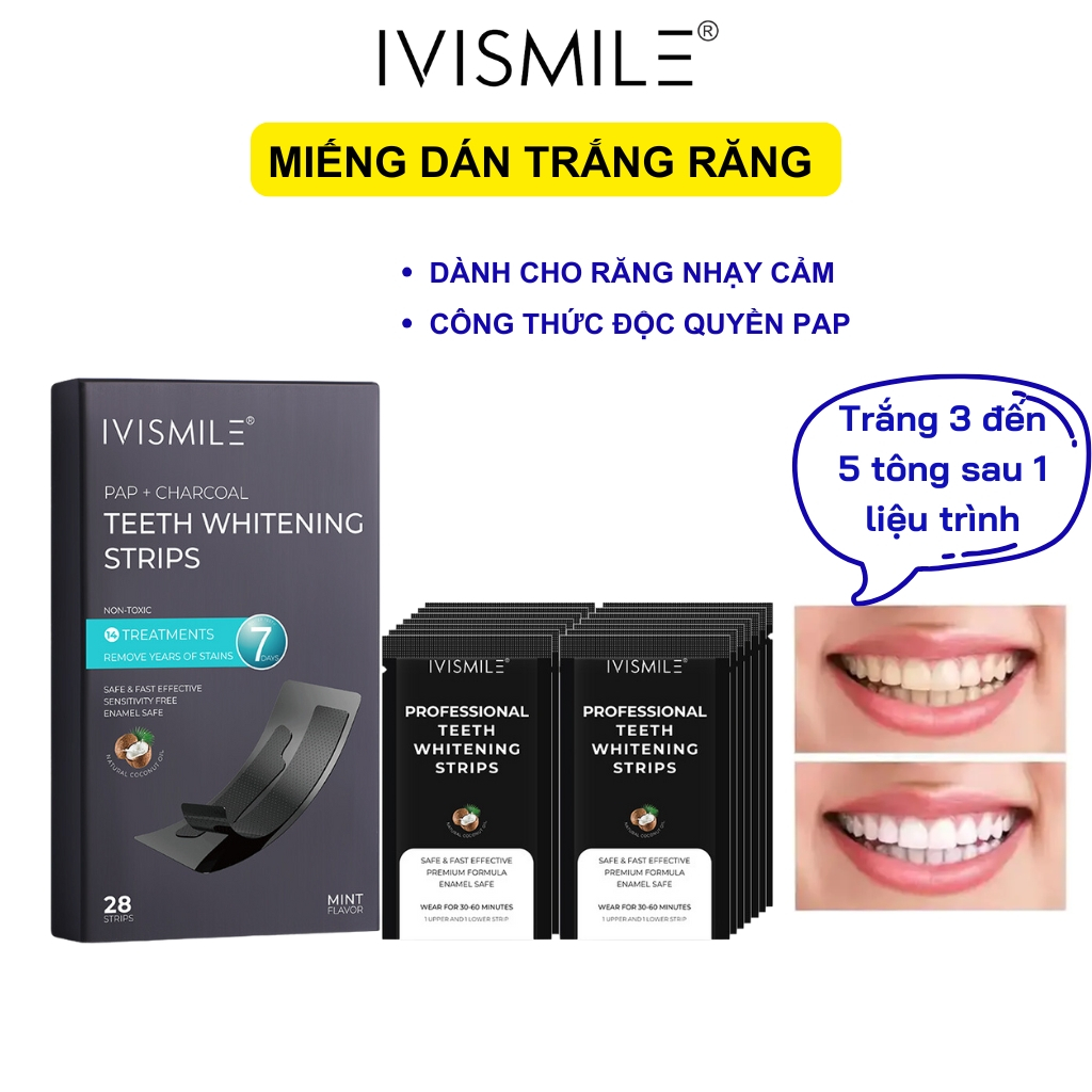 Miếng dán trắng răng Ivismle than hoạt tính kết hợp bạc hà hỗ trợ duy trì màu sắc răng sáng