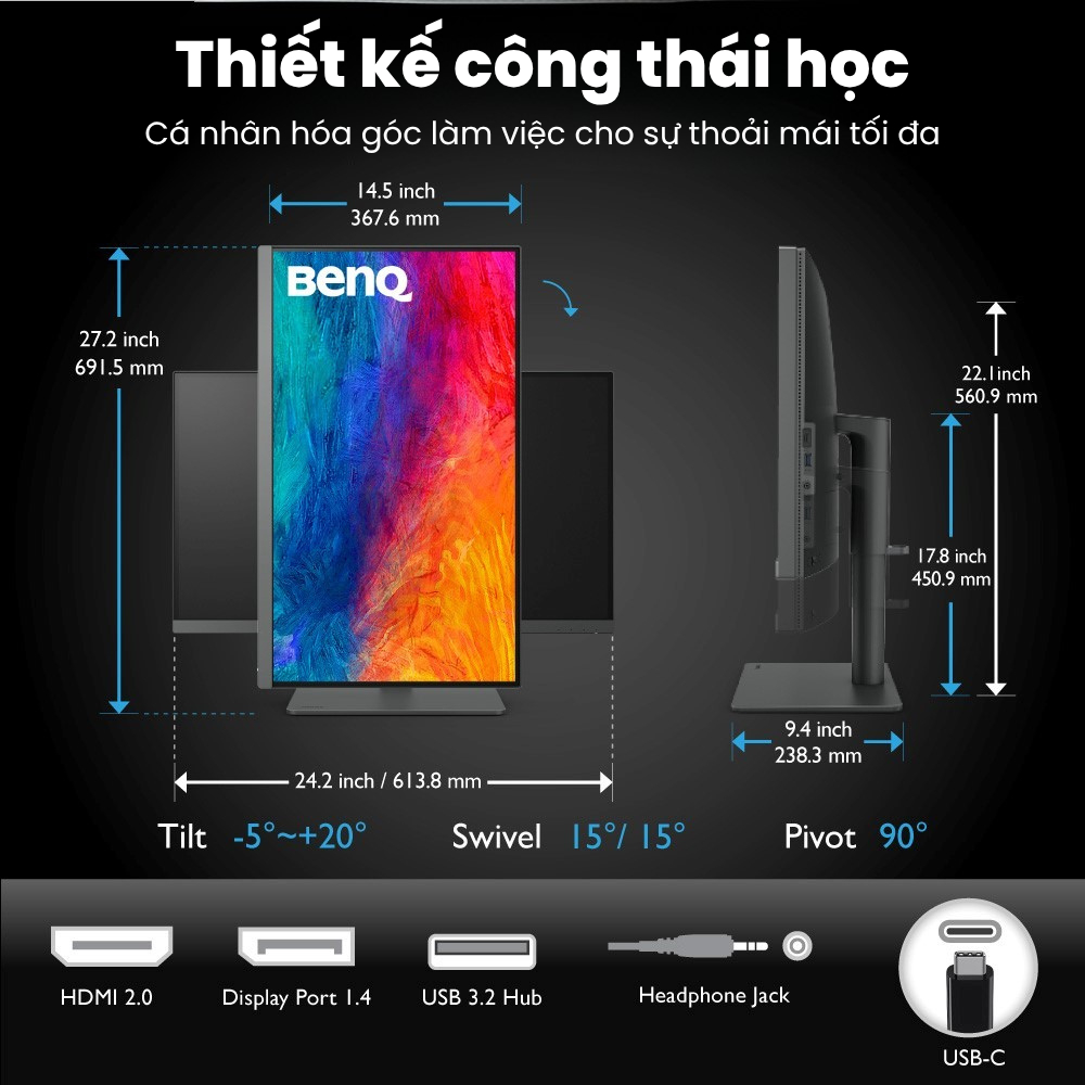 BenQ PD2706U_Màn hình đồ họa 27 inch 4K UHD IPS USB C, P3, HDR10, Eye-are tương thích Mac | BigBuy360 - bigbuy360.vn