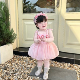   Kèm Tuban Hoa Body Váy Bí Hồng 2S Đính Hoa Handmade 3-12 Kg,Đồ Liền Thân Cho Bé Gái Đầy tháng Sinh Nhật Chất Tơ Xốp Mềm 