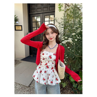 Set áo quây in HOA HỒNG dáng bí xoè kèm áo khoác cardigan đỏ