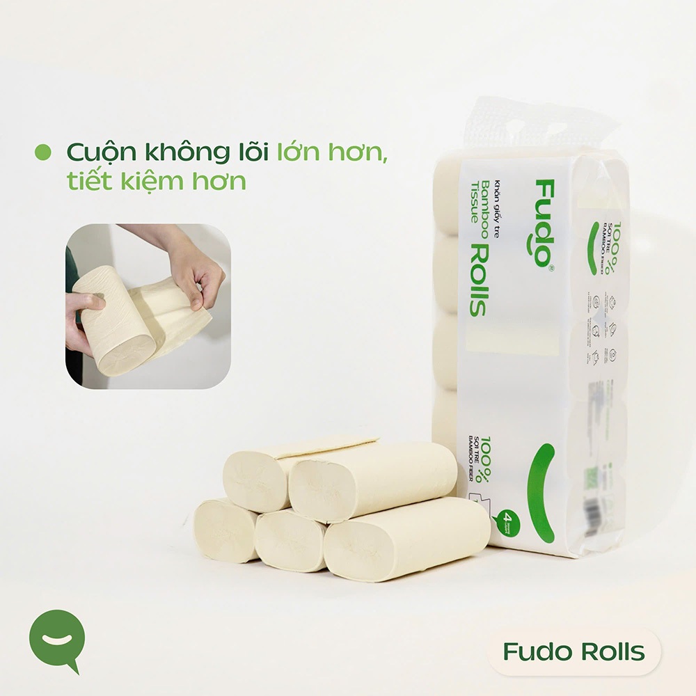 [Fudo] Giấy Cuộn Không Lõi- 100% Sợi Tre, Không Tẩy, Không Bụi Giấy, Tiết Kiệm & An Toàn Cho Da- Rol